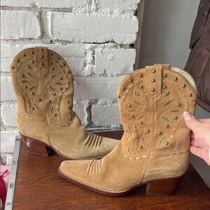 Cole Haan Tan Suede Western Cutout Heeled Boots